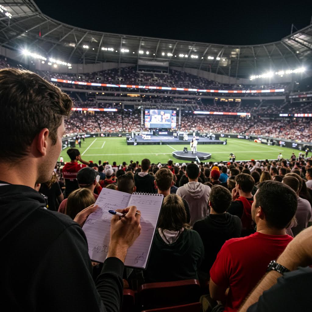 경기장에서 관중이 열띤 응원을 펼치는 가운데 데이터를 기록하는 사람의 모습으로, 온카스터디의 스포츠 경기 분석과 현장 데이터 수집 과정을 보여준다.