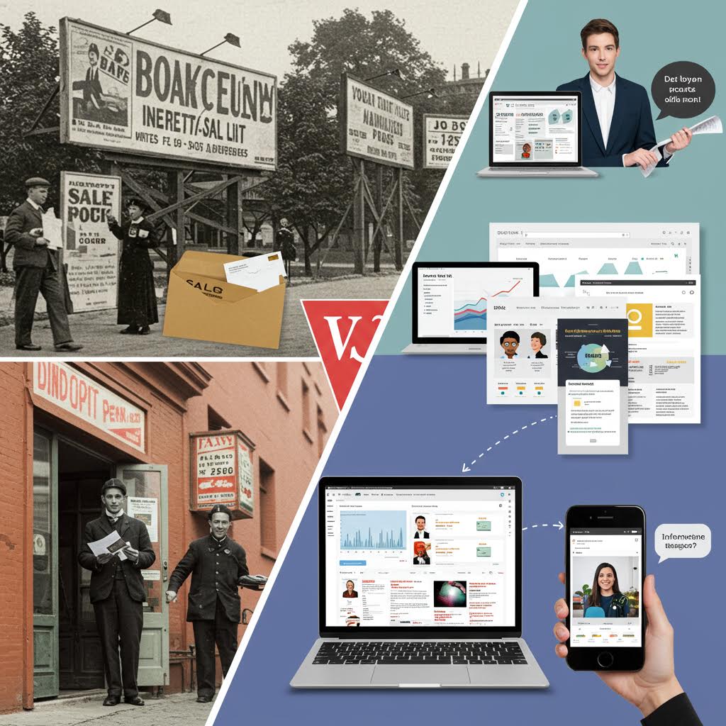 광고의 과거와 현재를 비교한 콜라주. 왼쪽에는 오래된 흑백 거리 광고판과 신문 배달부들이 있고, 오른쪽에는 노트북과 스마트폰 화면에 표시된 현대적인 디지털 마케팅 대시보드가 있다. 아날로그 광고에서 디지털 광고로 진화한 과정을 보여주는 구성.