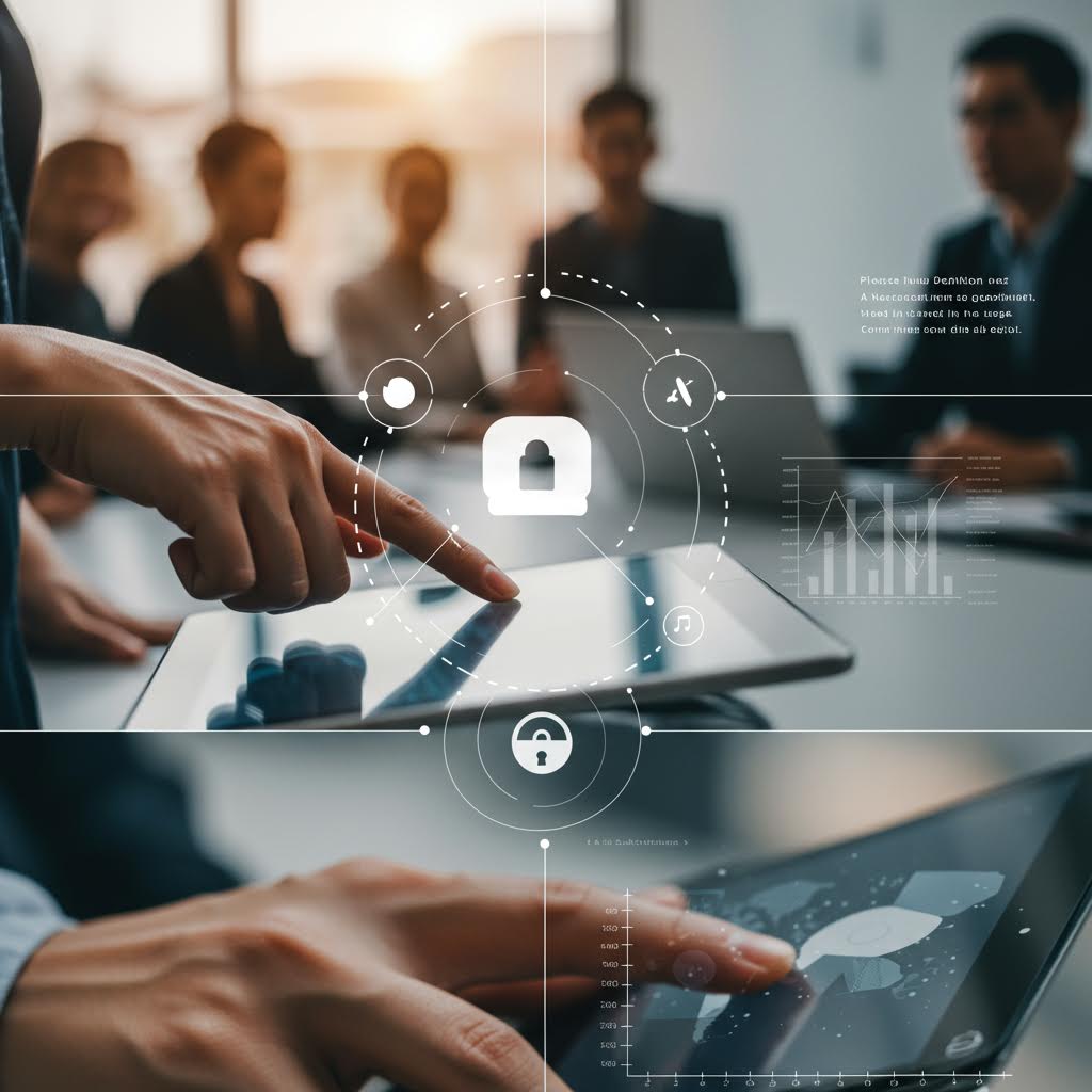 보안 네트워크를 관리하는 회의실 장면. 태블릿 화면 위에 잠금 아이콘과 데이터 보호 그래프가 떠 있으며, 사람이 손가락으로 터치하고 있다. 디지털 보안과 기업 데이터 보호를 상징하는 현대적 이미지.