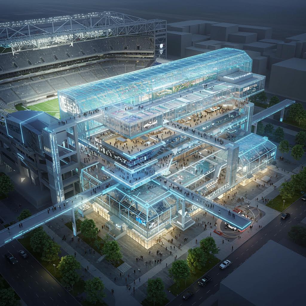 대형 경기장 옆에 위치한 투명한 구조의 스마트 복합 시설로, 온카스터디의 데이터 기반 스포츠 분석과 관람 경험 통합 플랫폼을 상징적으로 보여준다.