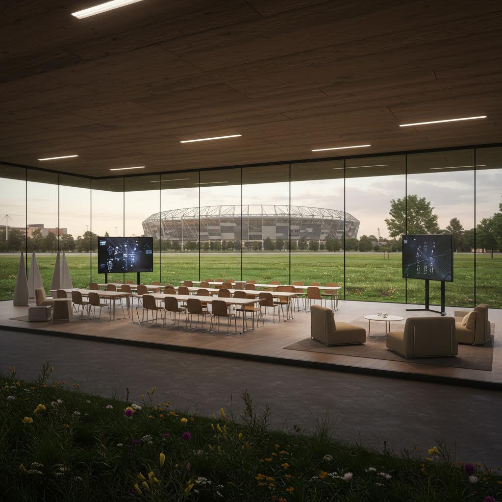 스포츠 경기장을 배경으로 한 회의실 전경, 온카스터디의 데이터 분석 플랫폼을 활용해 전략 회의가 진행되는 스마트 협업 공간