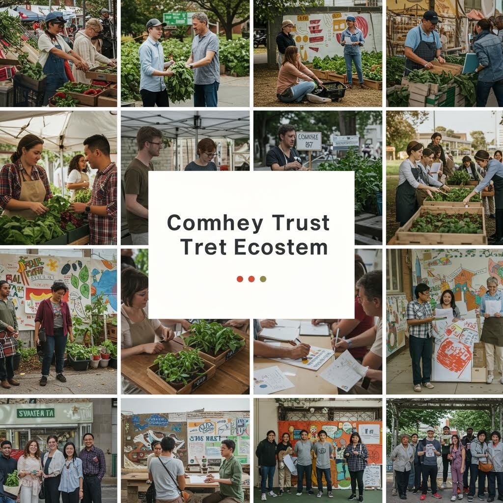 15개 사진 콜라주: 채소 재배·판매·워크숍·그룹 활동, 'Comhey Trust Tret Ecostem' 커뮤니티 신뢰 네트워크.