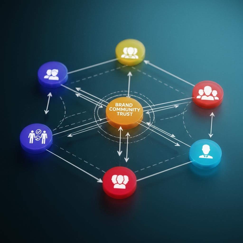 중앙 'BRAND COMMUNITY TRUST' 노드, 6개 색상 사용자 그룹 원형 연결된 3D 다이어그램.