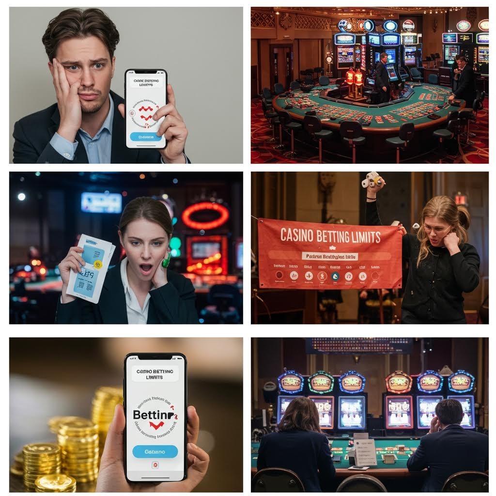 모바일 베팅 앱을 사용하는 사람들, 카지노 내부의 슬롯머신과 테이블 게임, 그리고 베팅 한도 안내 배너를 포함한 다양한 도박 관련 장면들이 한 화면에 모인 콜라주 이미지