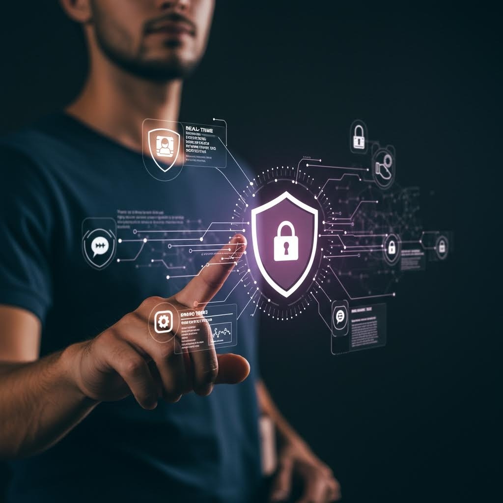 온카스터디 사이버 보안 플랫폼 – 실시간 위협 탐지, 암호화, 접근 제어를 홀로그램 인터페이스로 제어하는 이미지.