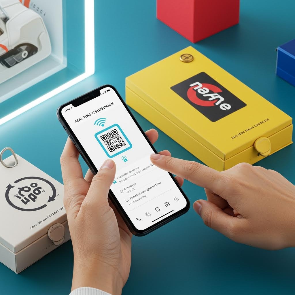 손에 든 스마트폰으로 노란 럭셔리 박스 QR 스캔, 'REAL-TIME VERIFICATION' 화면 표시된 NFC 기반 진품 확인 장면.