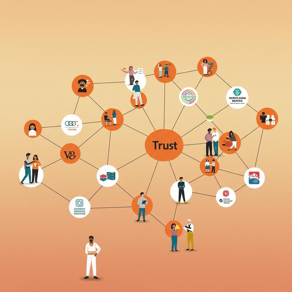중앙 'Trust' 원형 노드, 주변 사람·브랜드 로고·아이콘 20여 개 선으로 연결된 신뢰 생태계 일러스트.