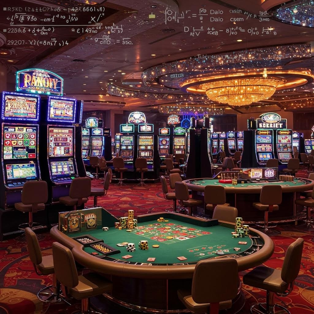 네온 조명 아래 다채로운 슬롯머신이 줄지어 있는 카지노 홀 모습