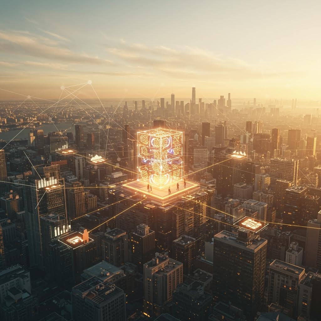 일몰 도시 스카이라인 위 빛나는 큐브 서버, 주변 빌딩·아이콘 네트워크 선으로 연결된 스마트 시티 인프라.