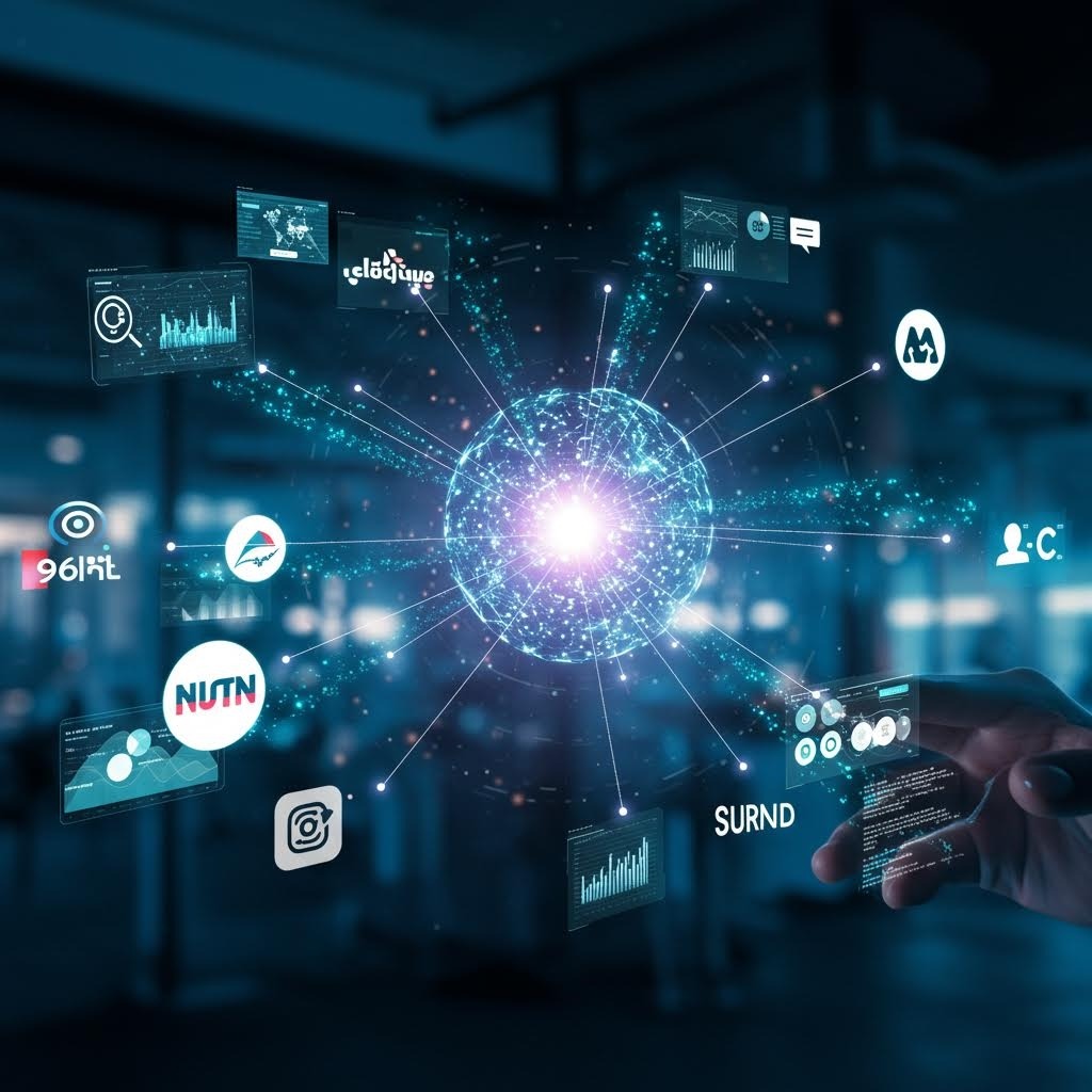 온카스터디 글로벌 앱 생태계 – 전 세계 사용자와 서비스(NUTN, SURND 등)를 연결하는 네트워크 허브 이미지.