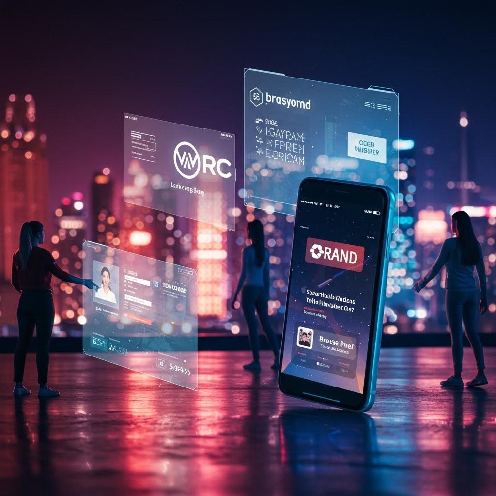 온카스터디 모바일 앱에서 AR 화면으로 사용자 프로필과 브랜드(VMRC, RAND)를 확인하는 미래형 인터랙션 이미지.