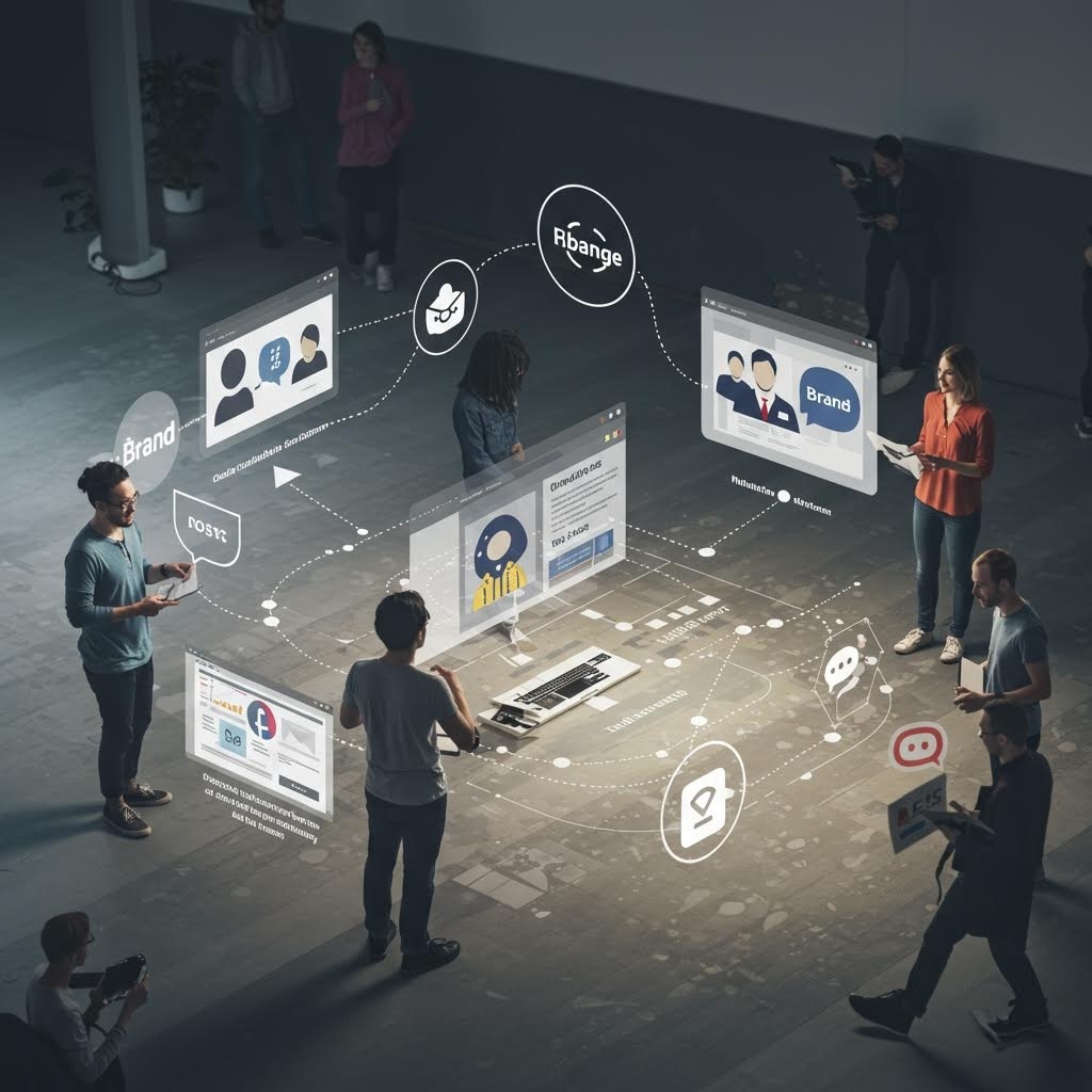 사람 7명 홀로그램 UI 조작: Brand·Post·Range·Publication 연결된 증강현실 협업 워크스페이스.