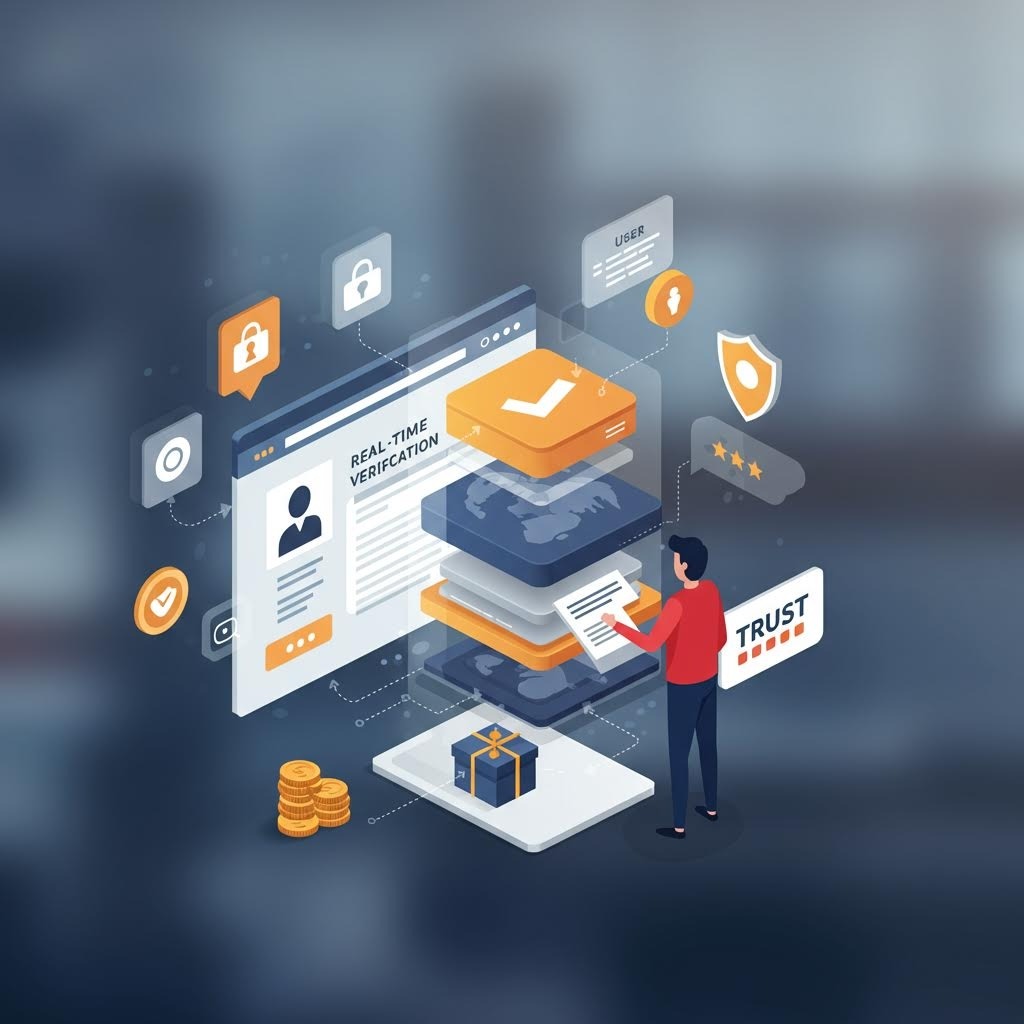 온카스터디 실시간 인증(Real-time Verification) 프로세스 – 사용자 신뢰도, 문서 검증, 보상 시스템을 보여주는 3D 일러스트 이미지.