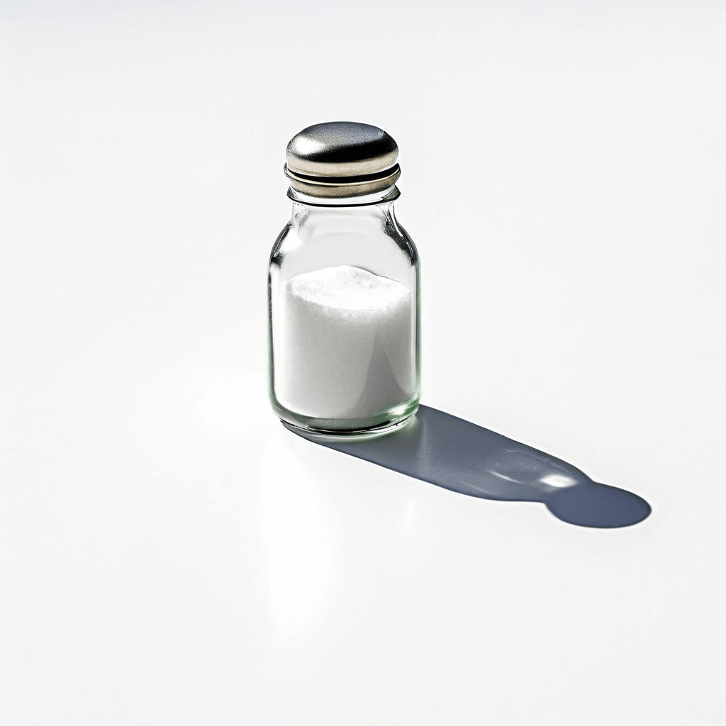 넓은 하얀 탁자 위에 고립된 작은 소금병이 긴 그림자를 드리우며 부족함을 상징하는 모습이다.