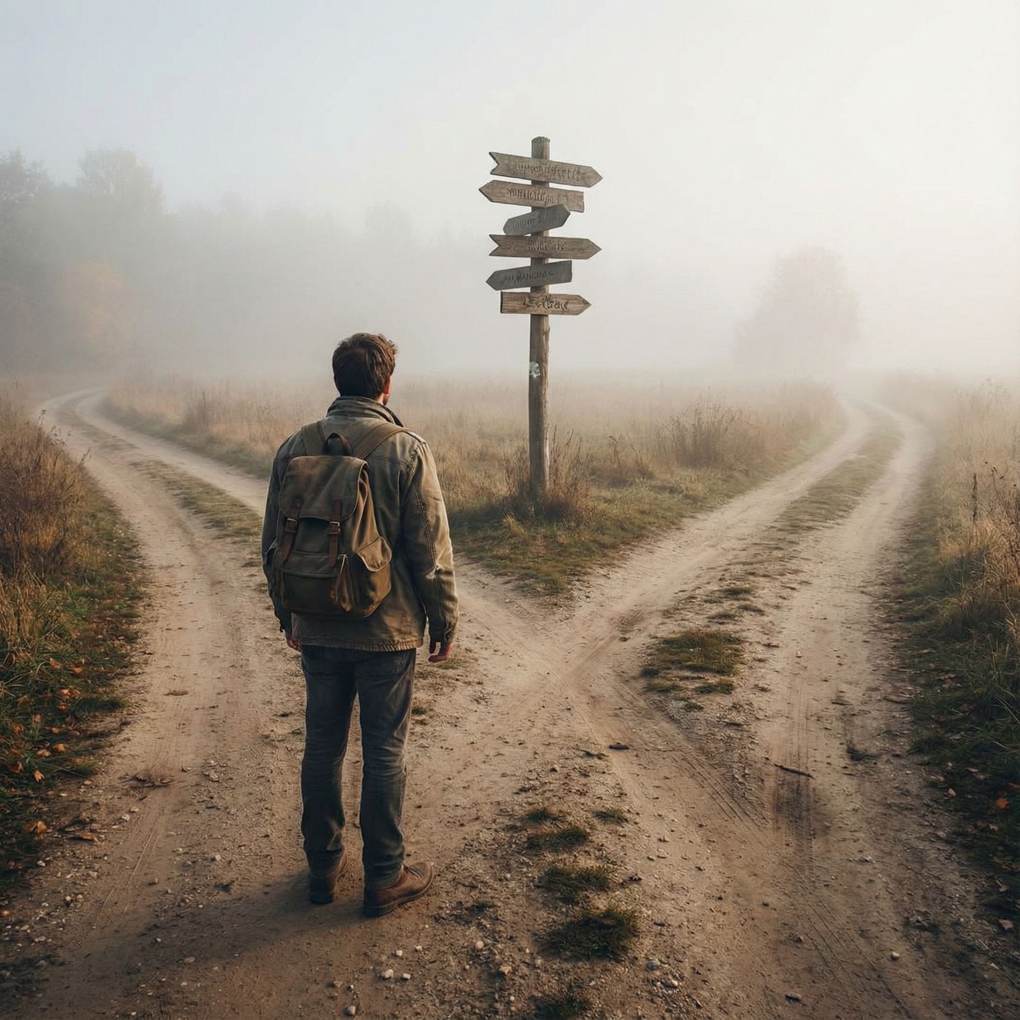 안개 낀 풍경 속 갈라진 여러 길 앞에서 한 사람이 서 있는 모습이다.