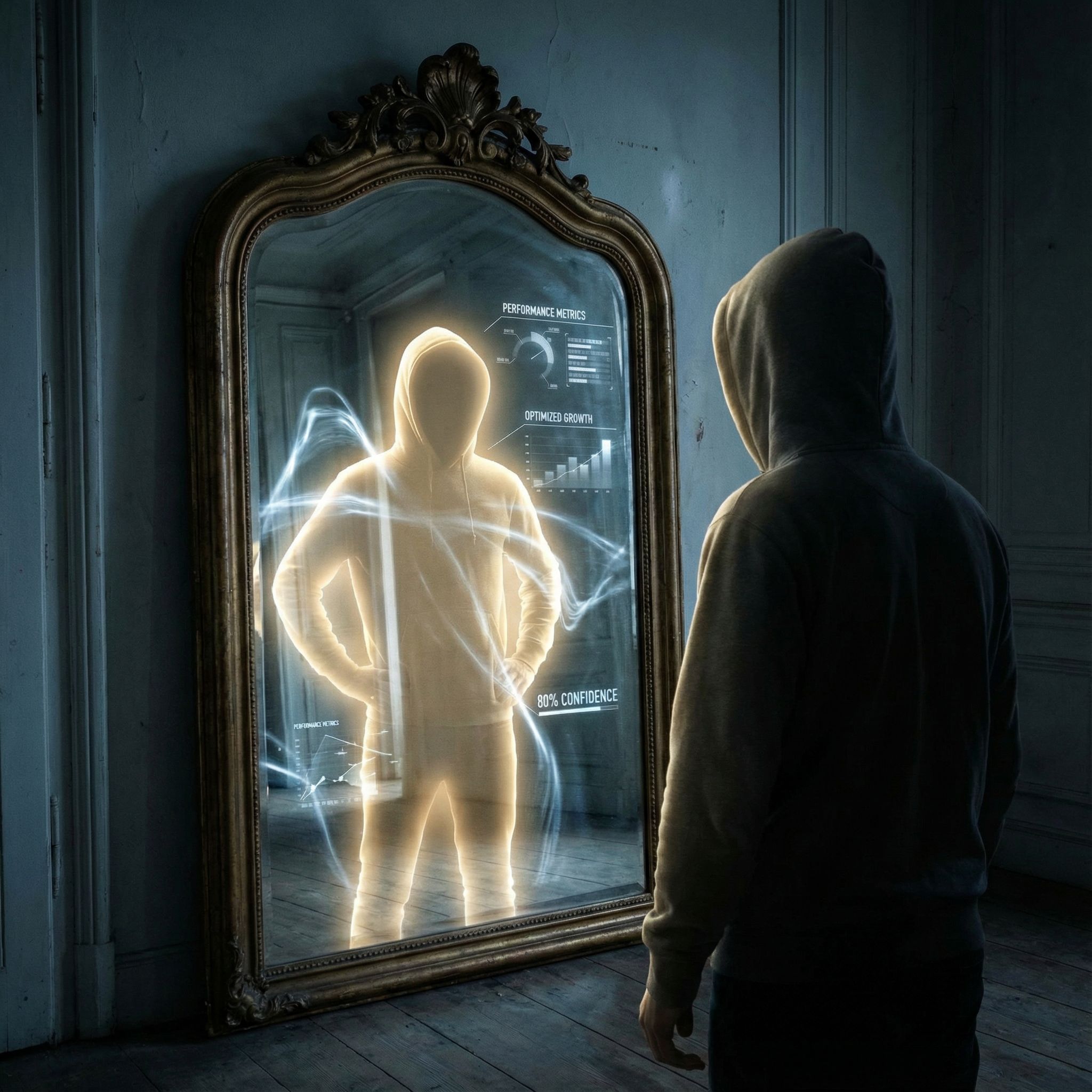 거울 속에서 빛나는 이상적인 자신을 바라보는 사람 주변에 흐릿한 통계와 사실들이 흐트러져 있는 모습이다.