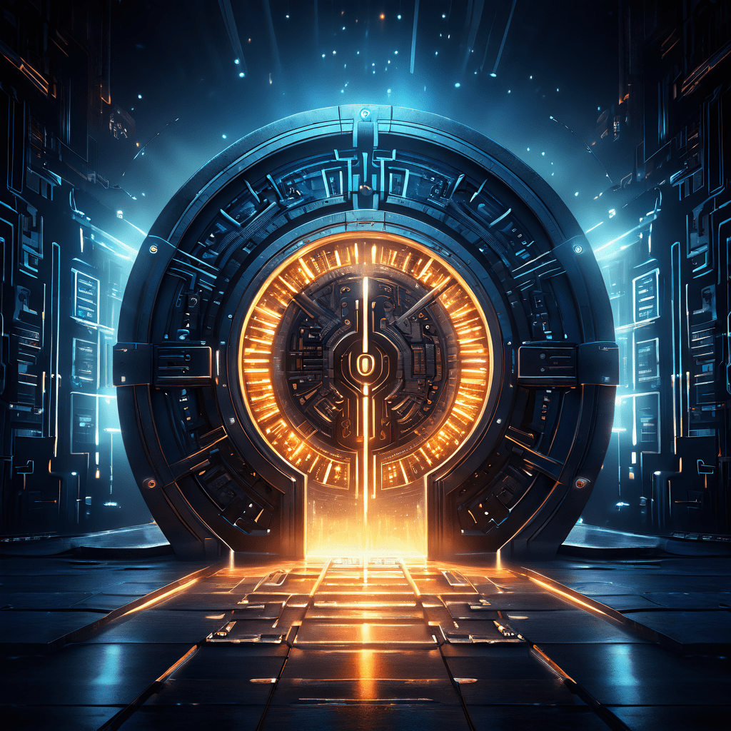 빛나는 대칭형 열쇠가 거대한 금고 문을 열며 이진법 코드가 속도감 있게 흐르는 모습이다.