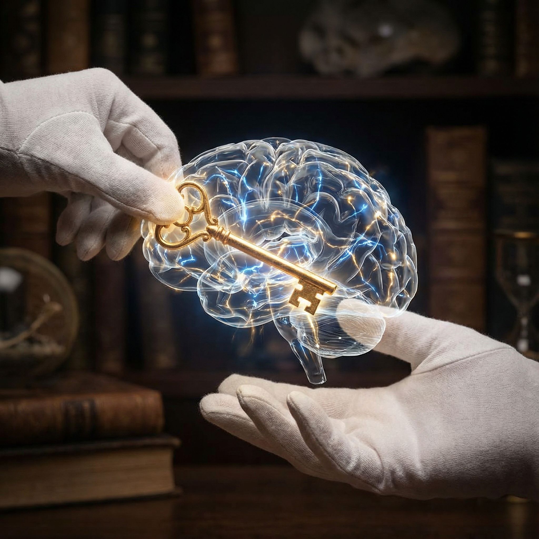 빛나는 열쇠가 한 손에서 다른 손으로 건네지고, 그 사이 투명한 뇌에서 신경 연결들이 전달 순간 빛나고.