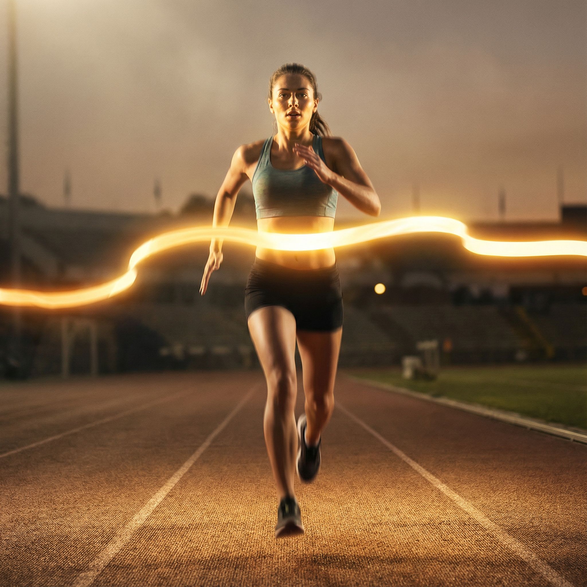 트랙 위의 달리기 선수가 결승선으로 갈수록 밝게 빛나는 빛줄기에 이끌려 최후의 스퍼트를 내는 모습이다.