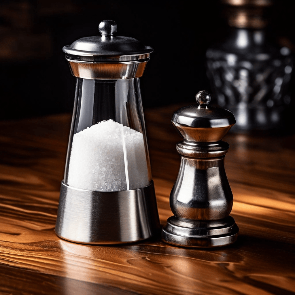 나무 테이블 위에 놓인 소금병과 후추 그라인더의 클로즈업으로, 광택 표면에 은은하게 비친 물음표가 보인다.