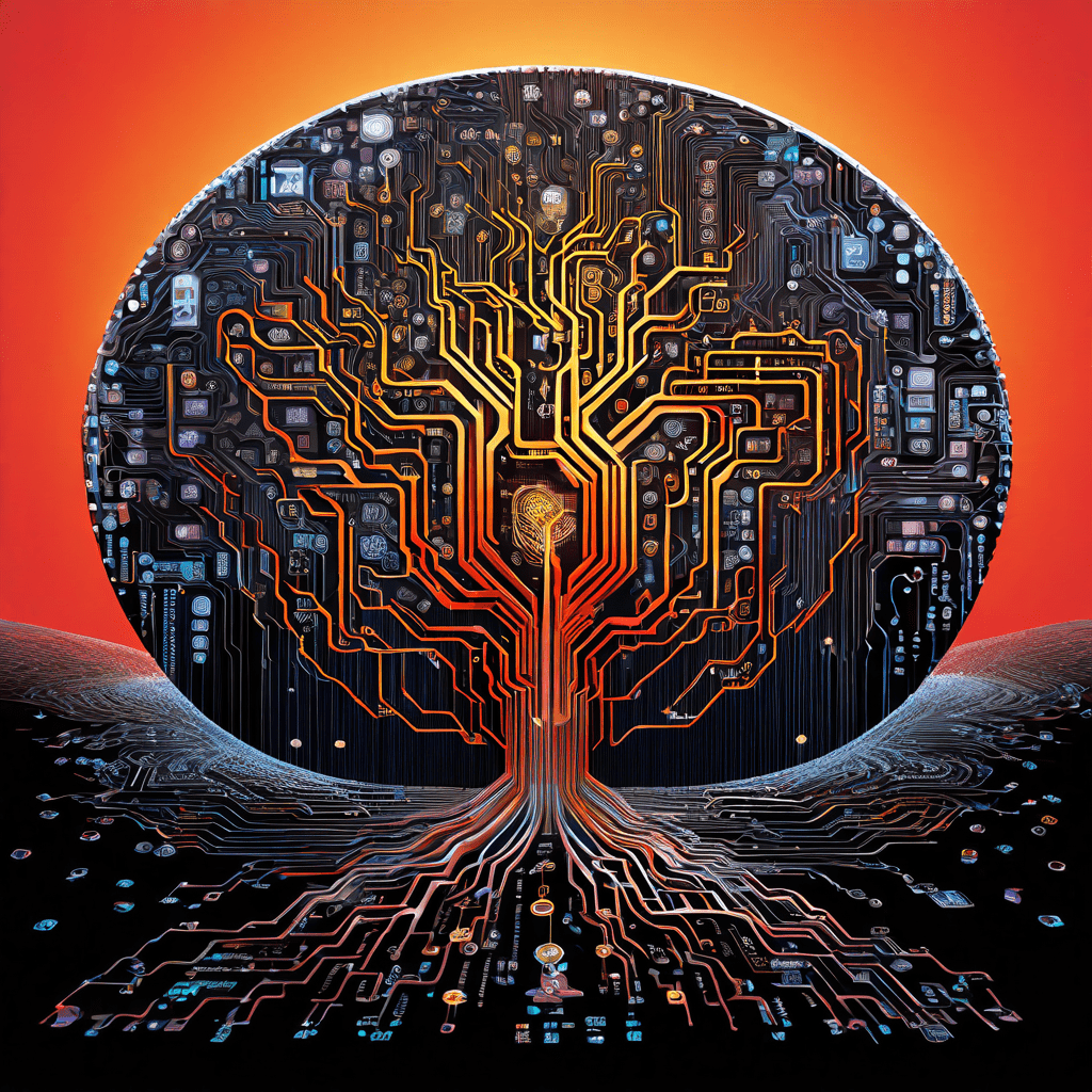 복잡한 디지털 씨앗이 자라나 독특한 256비트 암호화 해시 구조의 나뭇가지로 뻗어 나가는 모습이다.