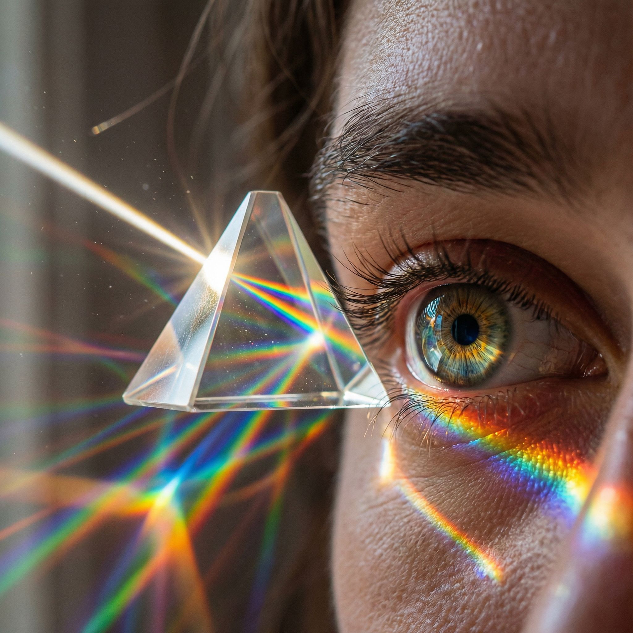 투명한 프리즘을 통과한 빛이 눈동자에 닿아 다채로운 색의 스펙트럼이 피부 위로 번지는 장면