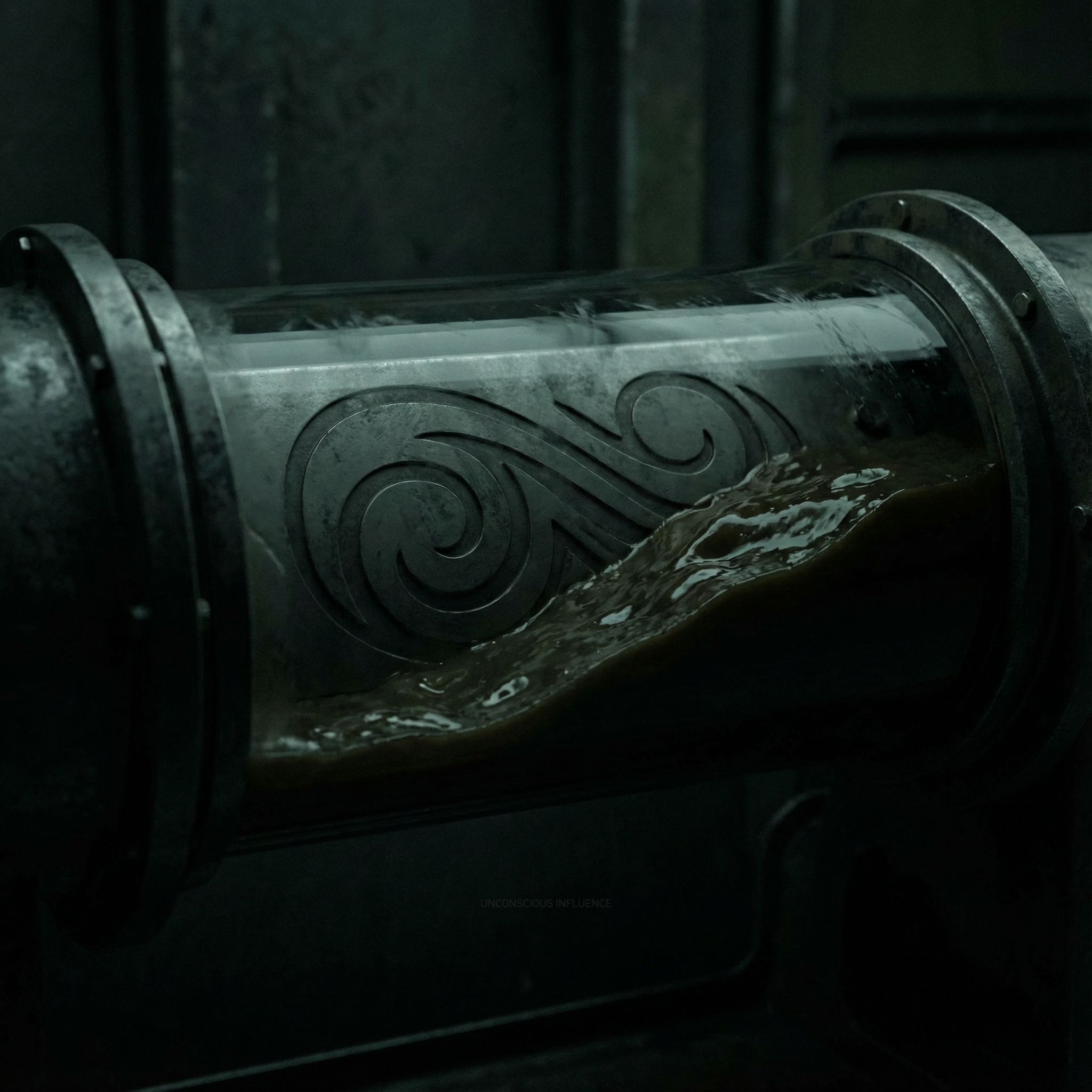 어두운 기계 내부에서 슬러지 같은 폐기물이 그림자처럼 은밀하게 흐르는 모습이다.