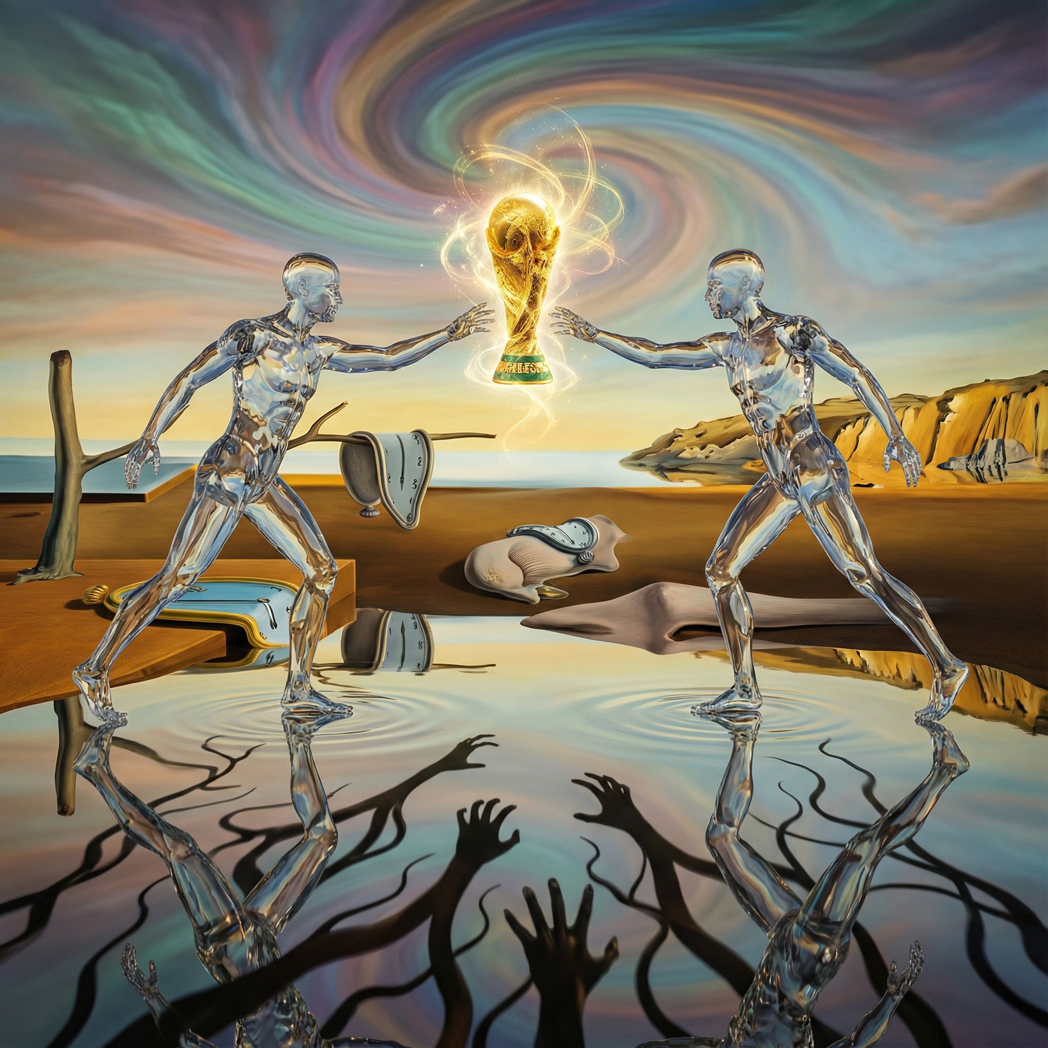 거울처럼 반사된 대지 위에서 두 인형 같은 형상이 황금 빛의 중심을 향해 손을 뻗으며 대칭을 이루는 장면