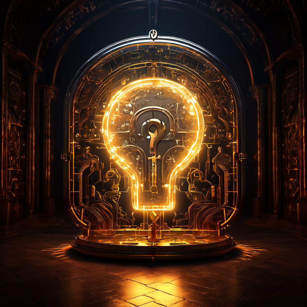 투명한 금고 모양의 사람 머리 안에 빛나는 물음표가 있고 겉에는 복잡한 자물쇠가 형성된 모습이다.