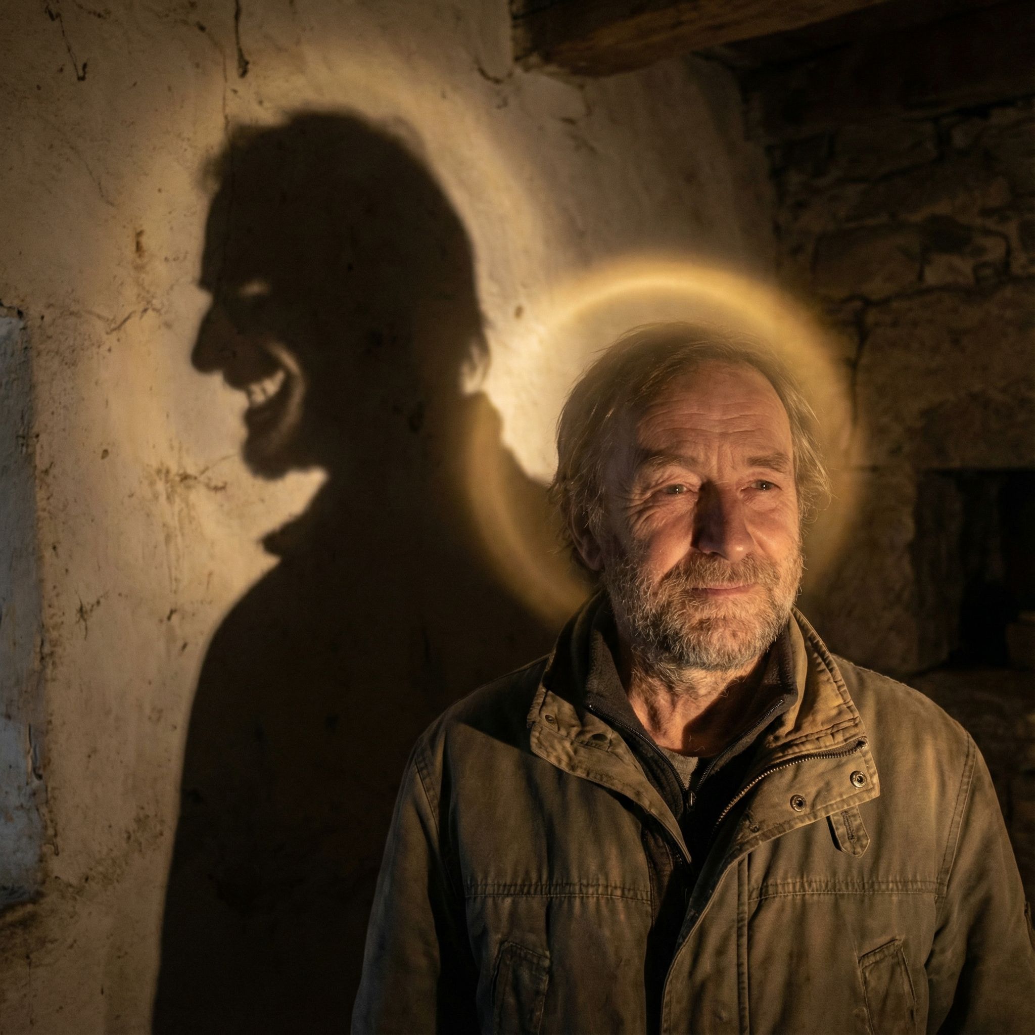 부드러운 금빛 후광을 받은 믿음직한 얼굴과, 벽에 비친 뒤틀린 미소의 그림자가 대비를 이루는 모습이다.