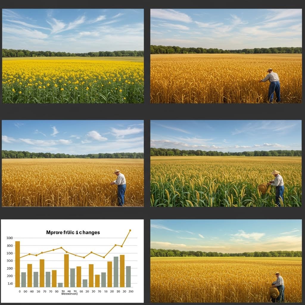 넓은 황금빛 곡식밭에서 농부가 작물을 살피는 모습과 수확량 변화를 보여주는 그래프가 함께 배치된 이미지