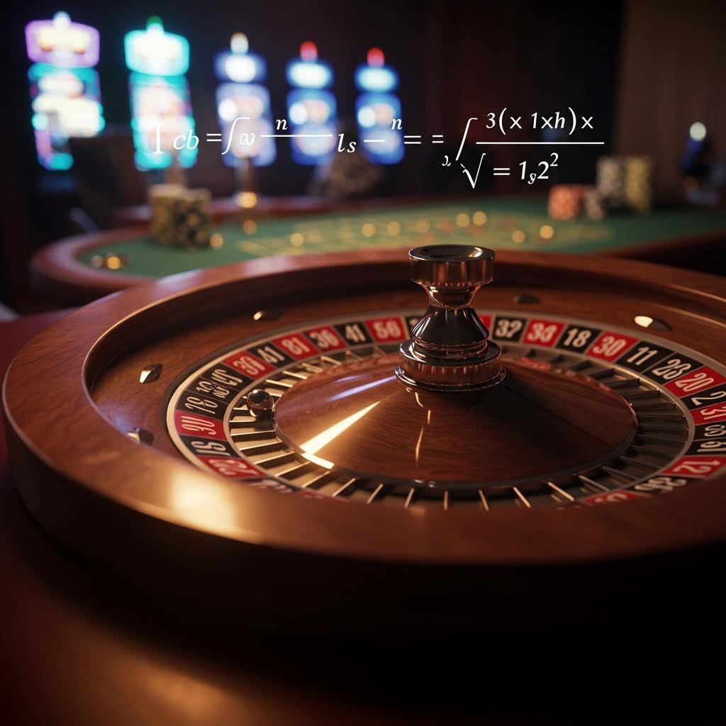 룰렛 테이블 위에 공이 돌아가는 장면과 함께 수학 공식이 떠 있는 카지노 분석 이미지