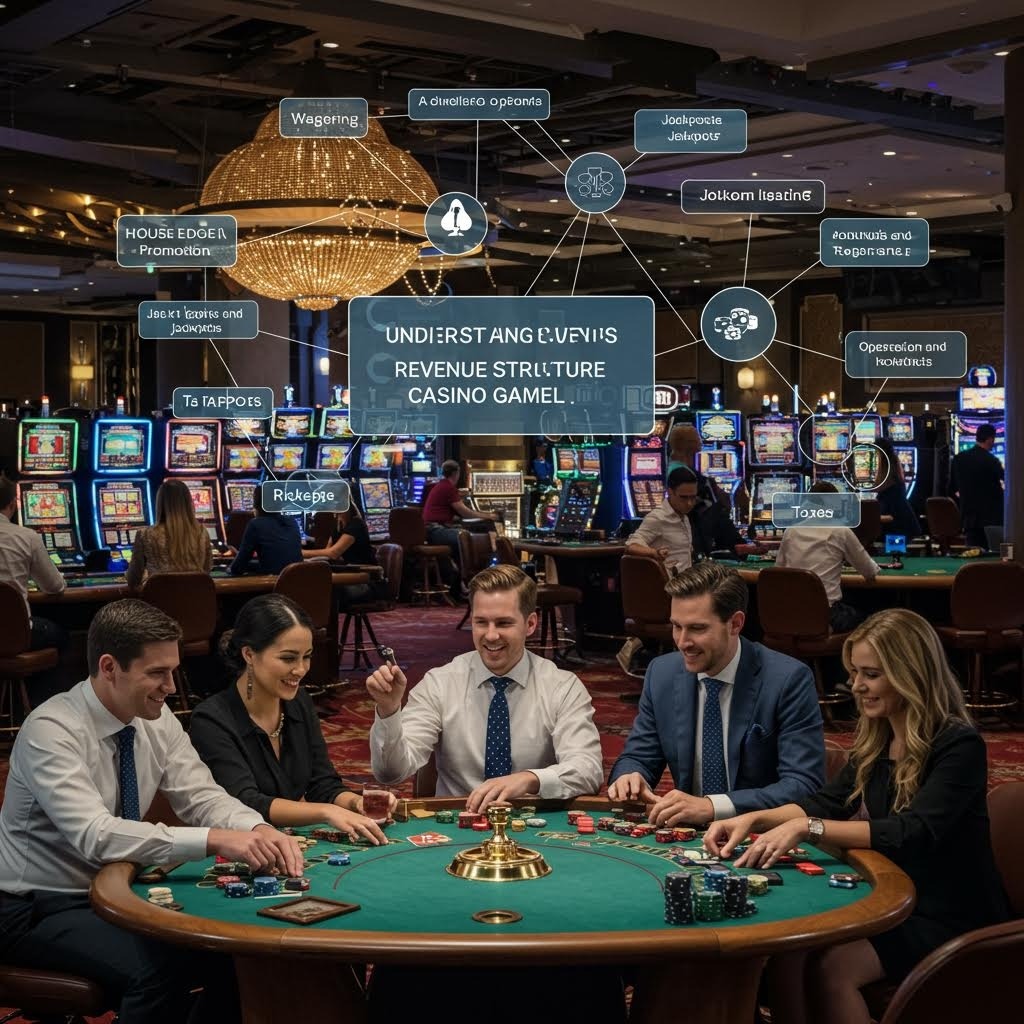 카지노 테이블에서 플레이어들이 게임을 즐기며 주변에 수익 구조와 운영 요소를 나타내는 정보 그래픽이 표시된 장면