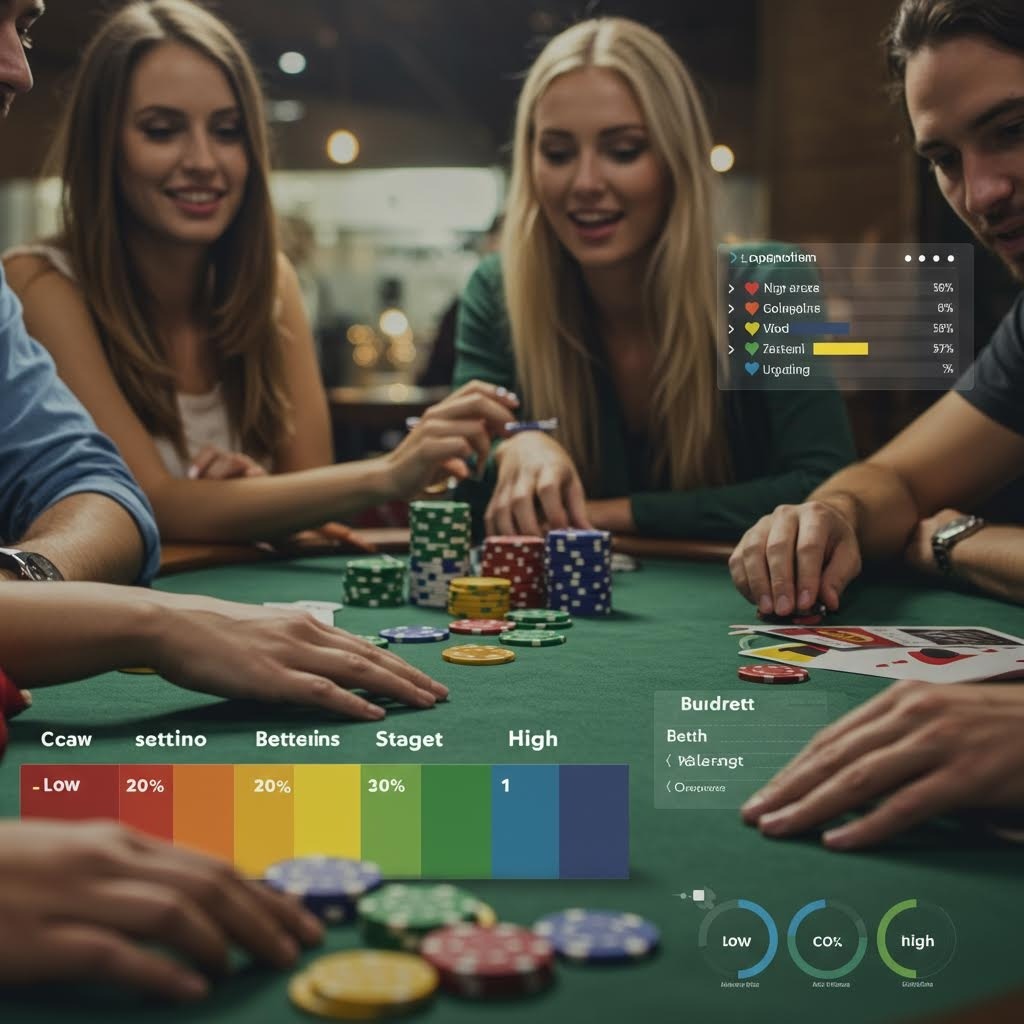 카지노 테이블에서 플레이어들이 칩을 움직이며 게임을 즐기고 있으며, 화면에는 베팅 단계와 위험 수준을 나타내는 컬러 그래프와 통계 정보가 함께 표시된 모습