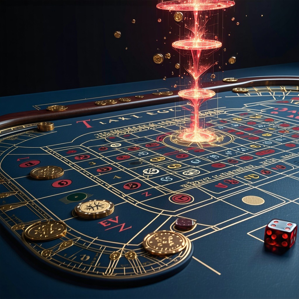 룰렛 베팅판 위에 빛나는 빨간 에너지 기둥이 솟아오르며 동전과 칩이 흩날리는 확률 시각화 이미지
