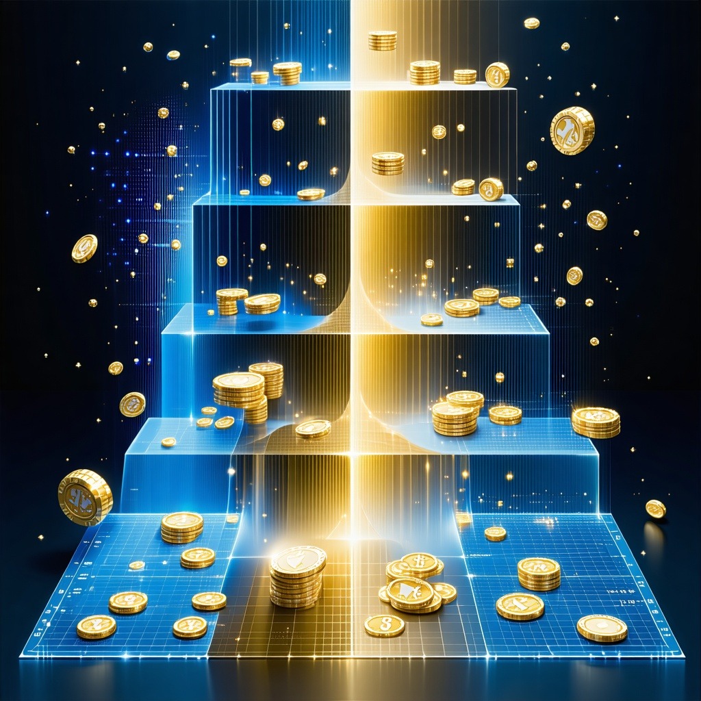 푸른빛과 황금빛으로 나뉜 계단형 구조 위에 동전이 쏟아지듯 떨어지며 확률 분포를 시각화한 이미지.