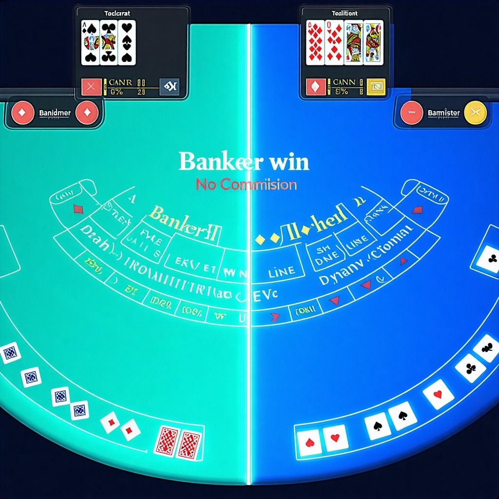 배커와 플레이어 결과가 양측 화면에 표시된 홀로그램 바카라 테이블에서 ‘Banker win’ 메시지가 강조된 이미지.