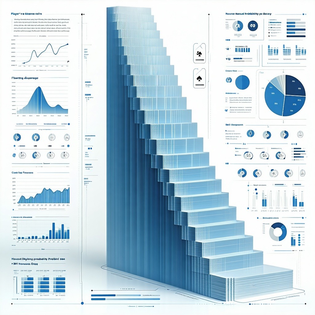 대형 계단 그래프를 중심으로 확률, 손익, 게임 통계를 다양한 차트로 표현한 데이터 분석 인포그래픽