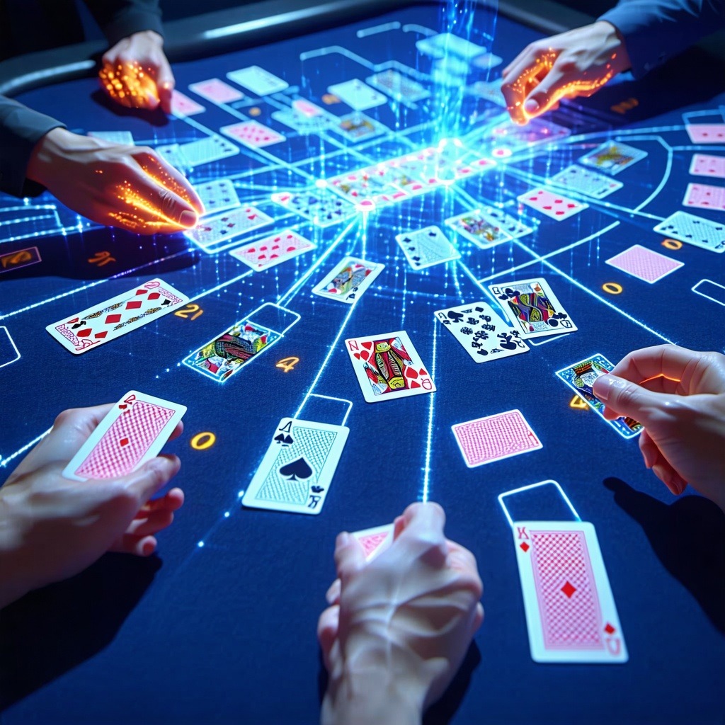 여러 플레이어의 손에서 나온 카드들이 홀로그램 데이터 라인으로 연결되어 있는 디지털 테이블 게임 장면