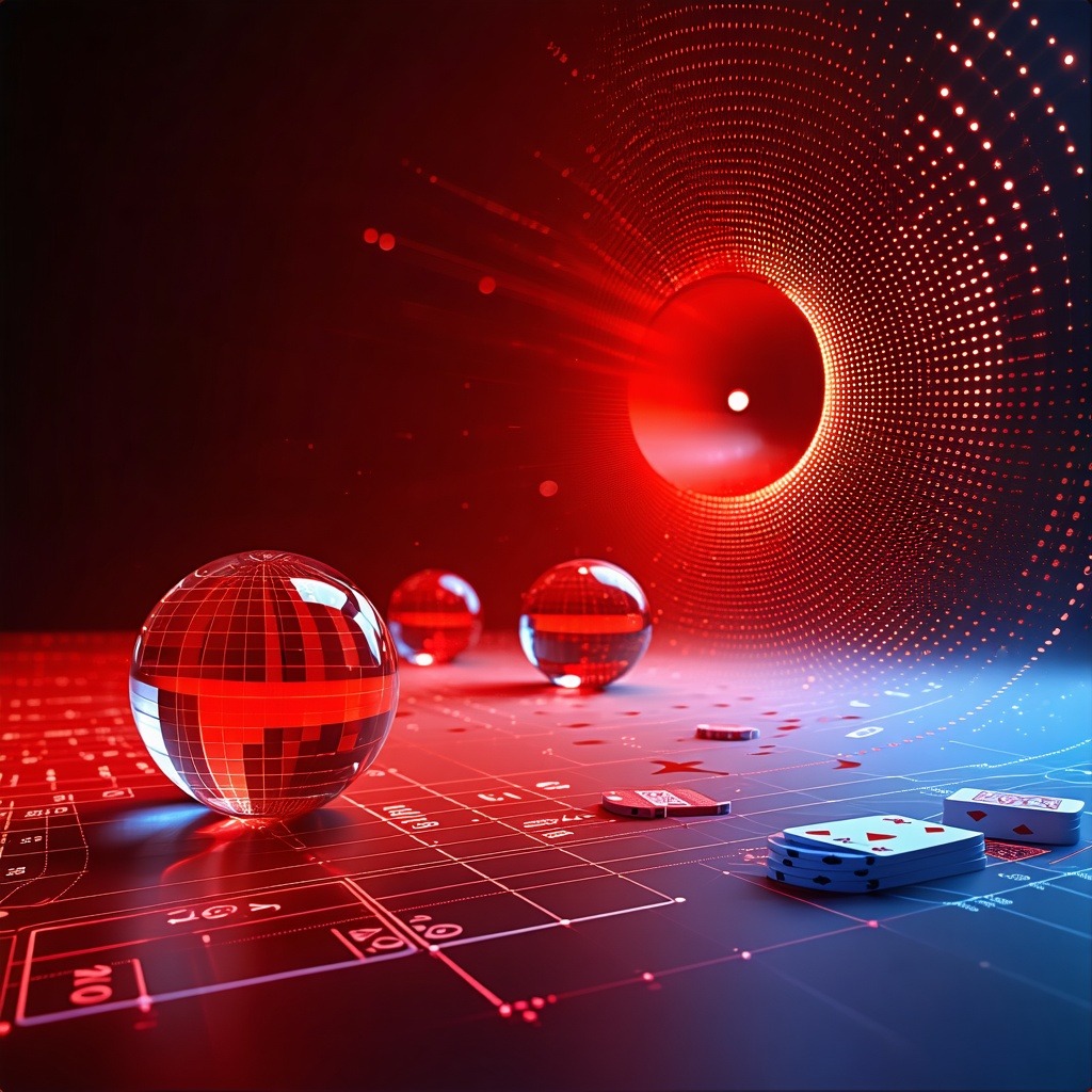 빨간 빛을 배경으로 구형 데이터 볼과 카드, 칩들이 확률 흐름을 따라 배치된 미래형 카지노 분석 이미지