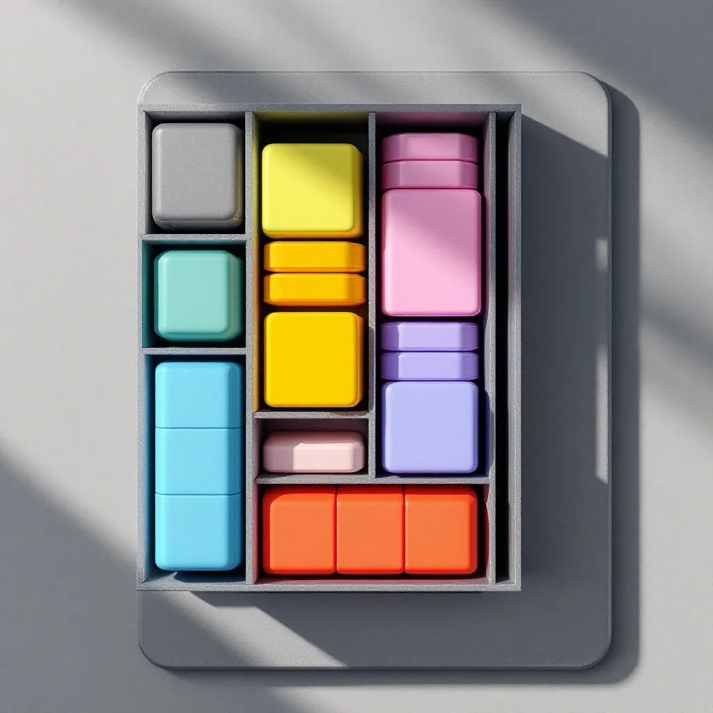 Color-coded storage blocks in a compartment tray on a gray studio surface with soft side light.
