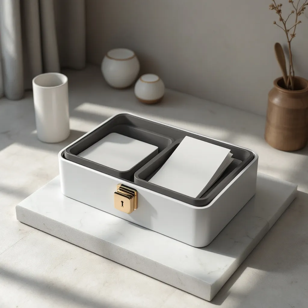 A dimmed storage box with sealed sleeves and a quiet lock mechanism rests on a neutral acrylic tray over a stone counter, soft...