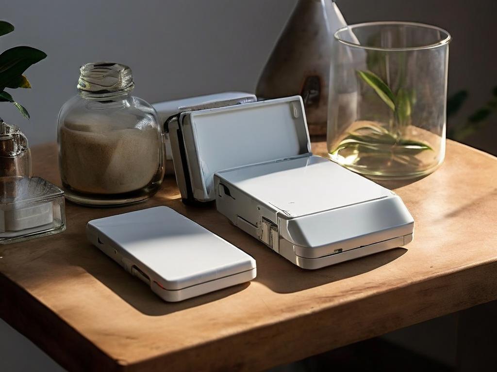 Memory card, sealed external drive, and blank photo sleeve on stone counter.