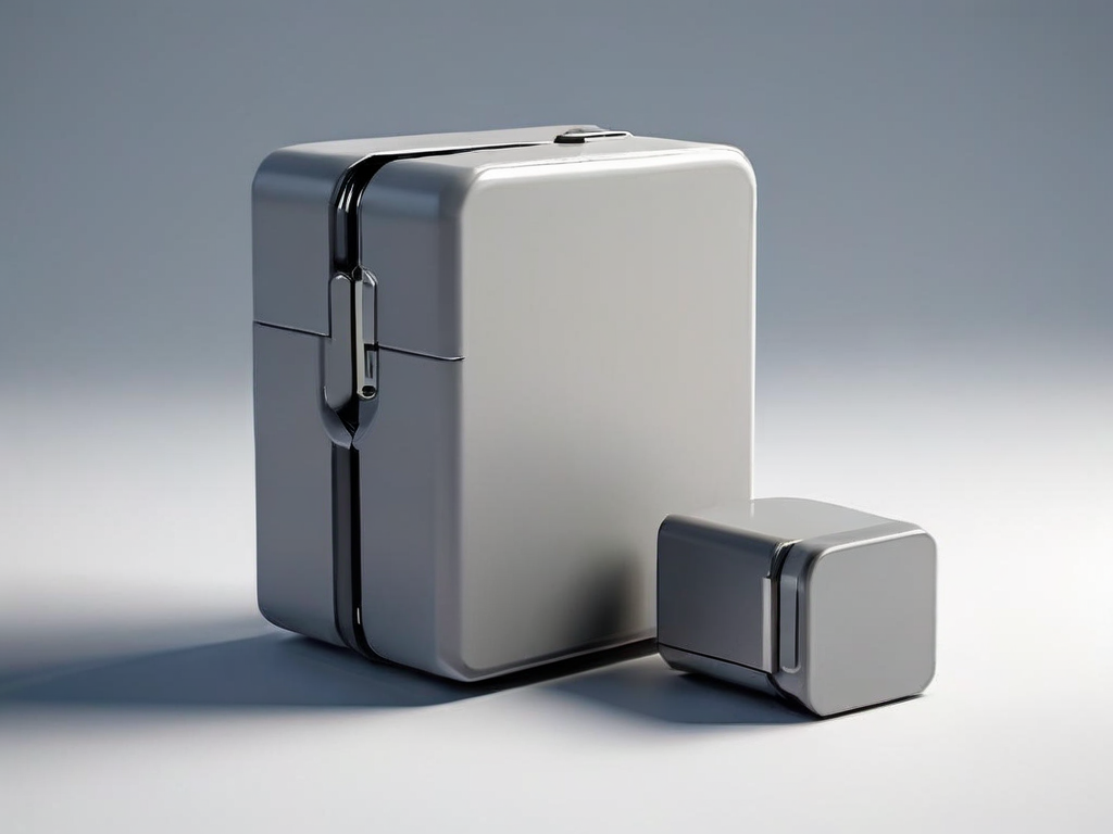 Portable storage drive with stacked data blocks and capacity gauge on matte gray surface, soft side light.