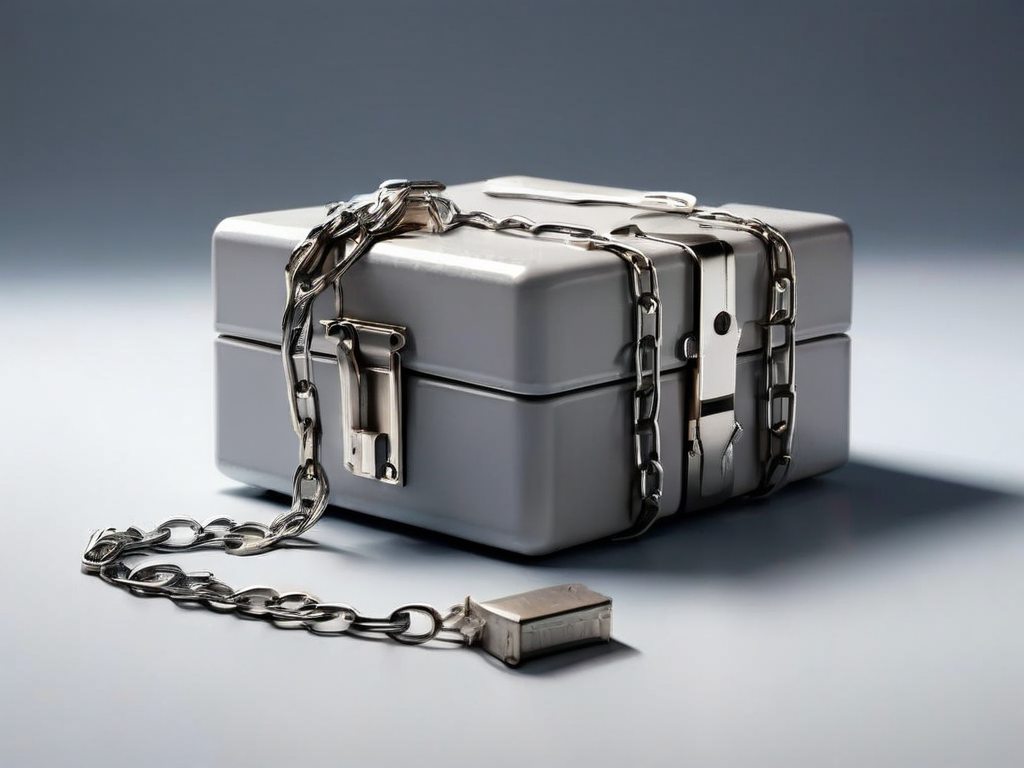 Metal storage case with short chain and small blocks representing linked file locations on gray surface.