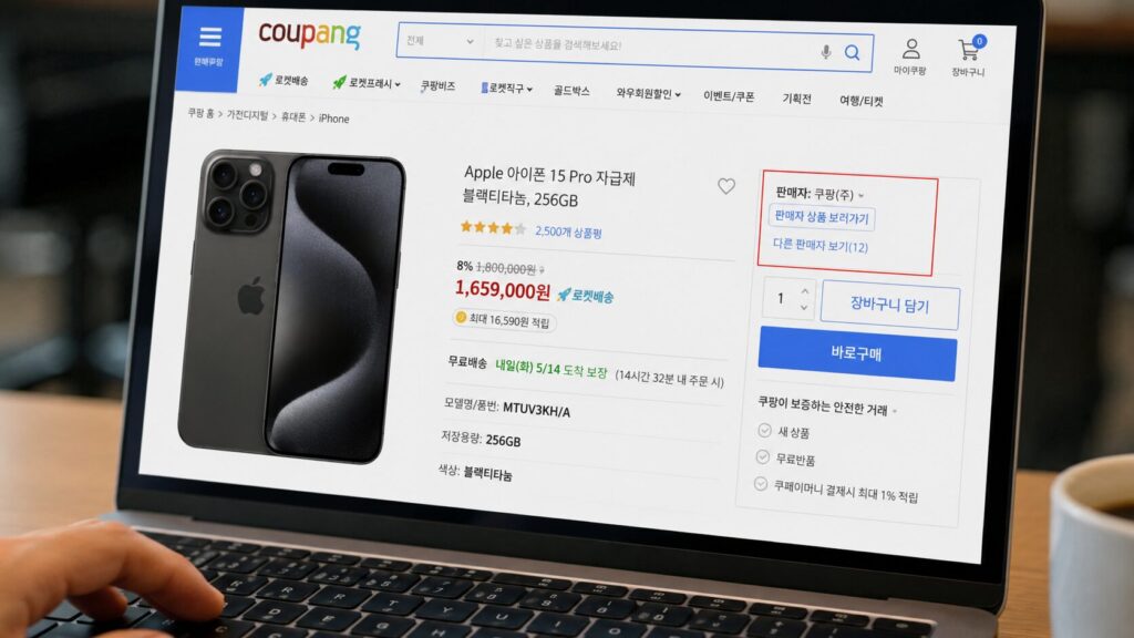 Coupang product page highlighting the legal seller name and the option to compare other marketplace sellers for the same iPhone model.