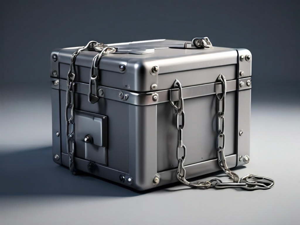 A sealed metal storage case with a short chain beside small blank blocks on a gray studio surface, soft side light.