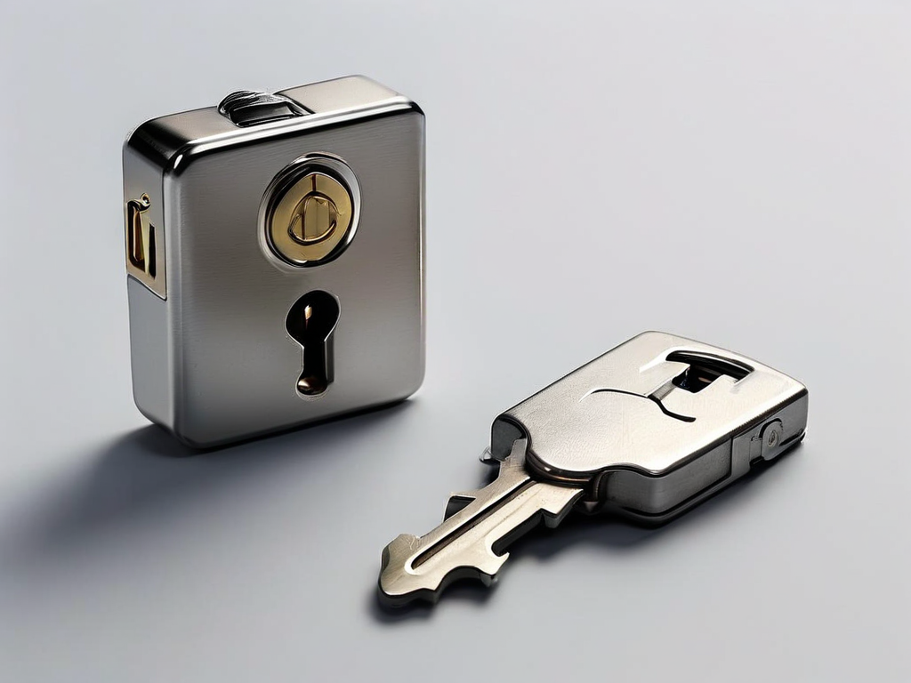 Small metal lock, closed key case, and blank security card on matte gray surface for account safety preparation.