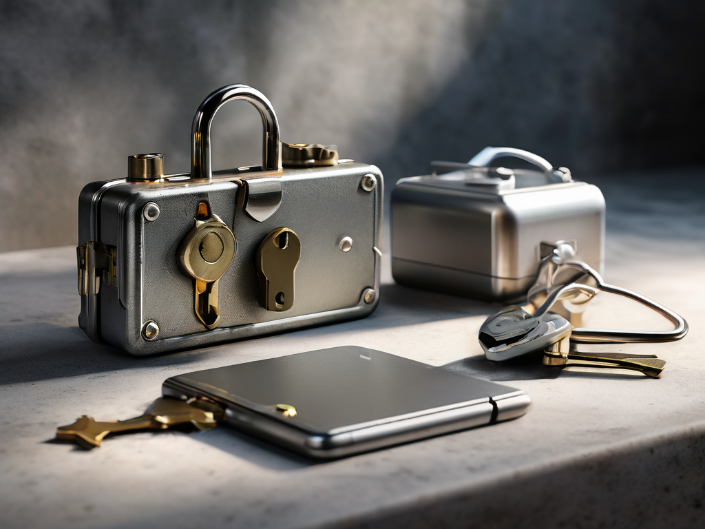 Metal lock, blank key card, and closed key case on stone counter for secure account preparation.