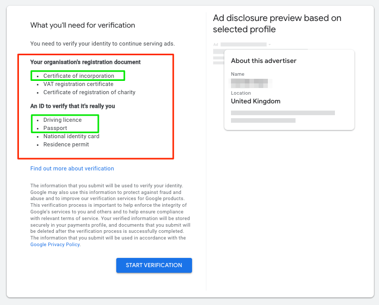 Checking an advertiser with Google Ads Transparency Center before visiting a support website.